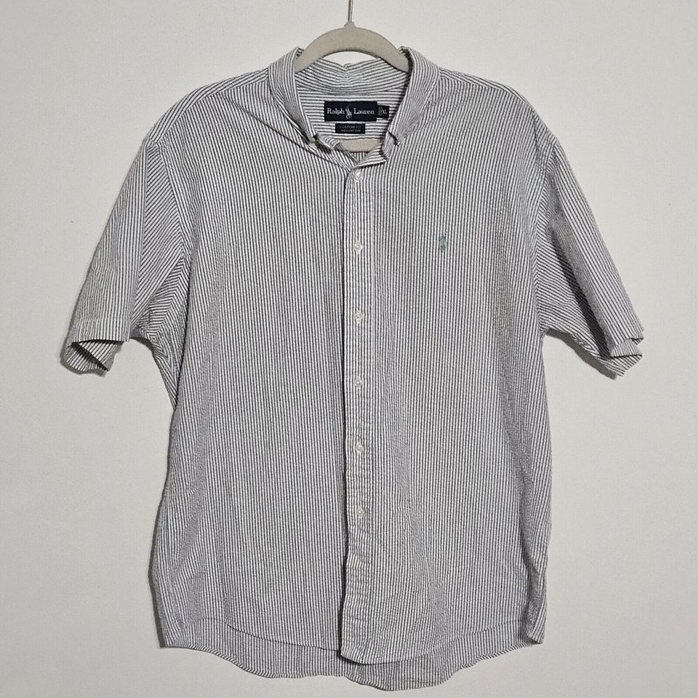 Polo Ralph Lauren‎ Shirt Mens XL White Blue Stripe Seersucker Short Sleeve Pony